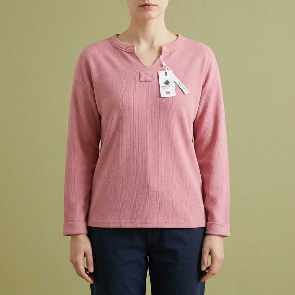 MEROKEETY Pink Ribbed Long Sleeve Notch Neck Pullover Top Womens Small NWT